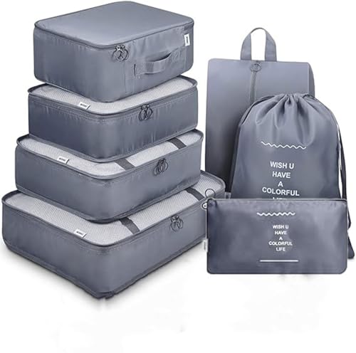 MONJAY 7pcs Set Travel Organizer Packing Cubes Lightweight Travel Luggage Organizers with Laundry Bag or Toiletry Bag Laundry Organiser (7 PCS, Grey)