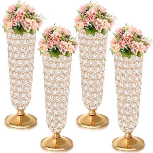Rtteri 4 Pcs Crystal Trumpet Flower Vase 20 Inch Tall Wrought Iron Crystal Vase Flower Stand Centerpieces Wedding Table Vases Decor for Home Anniversary Ceremony Party Event Christmas