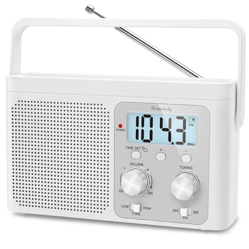DreamSky AM FM Radio Portable - Shortwave Radio Battery Powered or Plug in Wall for Home Outdoor, Strong Reception, Large Dial Easy to Use, Digital Time Display, Transistor Antenna, Seniors Small Gfit