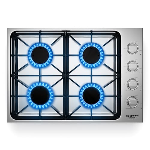 COSTWAY 30-inch Gas Cooktop, Stainless Steel Stove Top with 4 Burners, ABS Knobs and Cast Iron Grates, NG/LP G Convertible Gas Range Top with Sealed Burners for Kitchen, Easy to Clean, Silver