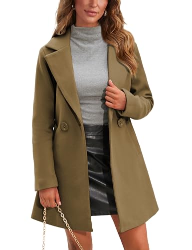 Springrain Women's Wool Pea Coat Notched Collar Double Breasted Midi Long Trench Coat Outwear