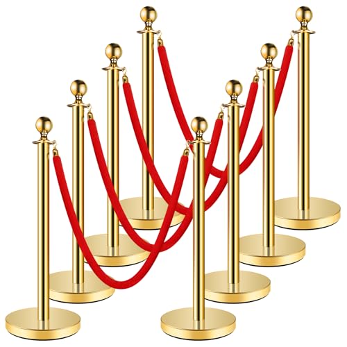 XPCARE Stainless Steel Stanchion Post,5 FT Red Carpet Ropes and Poles,8pcs Gold Stanchions with Red Rope,Hollow Base and Velvet Ropes Safety Barriers Set,Carpet Runner for Party(37in), 8PcsGold