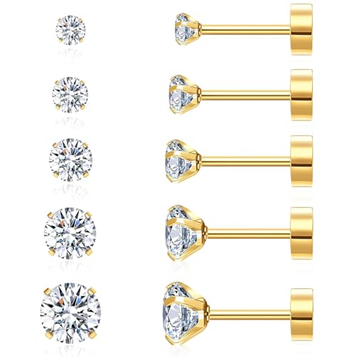 SANNIDHI® 5 Pairs Ear Studs for Women Stylish Earrings for Women Flat Back Gold Cartilage Stud Earrings Set Cubic Zirconia 316L Stainless Steel Hypoallergenic Nickel-Free Earring - 3/4/5/6/8mm