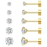 SANNIDHI® 5 Pairs Ear Studs for Women Stylish Earrings for Women Flat Back Gold Cartilage Stud Earrings Set Cubic Zirconia 316L Stainless Steel Hypoallergenic Nickel-Free Earring - 3/4/5/6/8mm