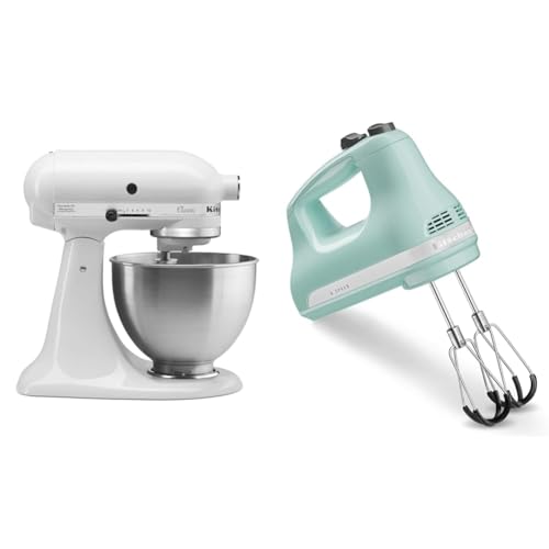 KitchenAid Classic Series 4.5 Quart Tilt-Head Stand Mixer K45SS, White & 6 Speed Hand Mixer with Flex Edge Beaters - KHM6118, 6 Speed w/Flex Edge Beaters, Ice Blue