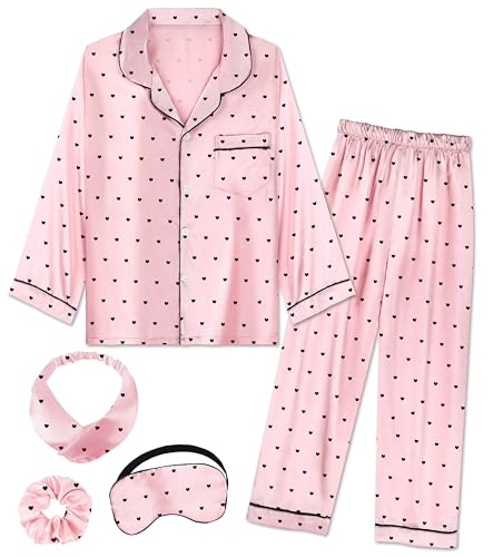 EPLAZA Kids Satin Pajamas Sets Girls Boys Button-Down Silky Pajamas Sleepwear with Hairband Eye Mask Hair Tie
