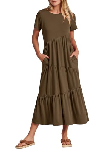 ANRABESS Women Summer Maxi Dress Short Sleeve Swing Casual Asymmetric Tiered Vacation Long Beach Sundress Outfits