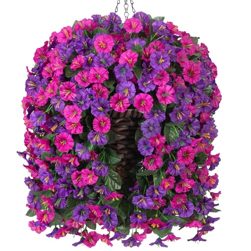 Hoppwodd Artificial Hanging Flowers in Basket, Fake Plant Silk Morning Glory Flower Arrangement for Outdoor Decor, UV Resistant Realistic Floral Planter for Outside Porch Patio Balcony