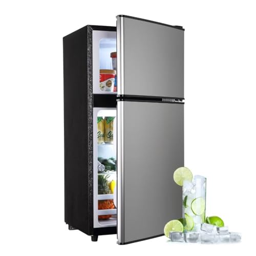 Tymyp Small Fridge with 2 Doors, Fridge, Dorm Refrigerator, Compact Fridge with Freezer 3.5 Cu.Ft, Refrigerator, Removable Shelves, 7 Level Thermostat for Kitchen, Bedroom, Apartment, RV, Office
