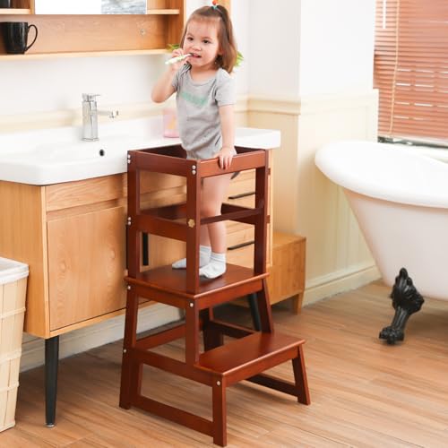 Kids Kitchen Step Stool for Kids with Safety Rail,Solid Wood Construction