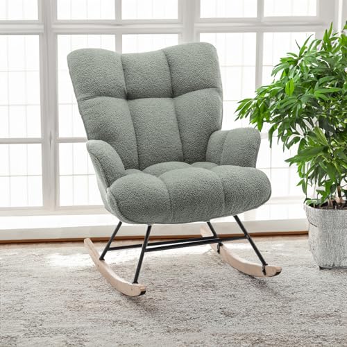 SAETSFEG Nursery Rocking Chair Teddy, Upholstered Glider Rocker with High Backrest, Comfortable Stylish Accent Armchair with Padded Seat for Living Rooms, Bedrooms, Offices