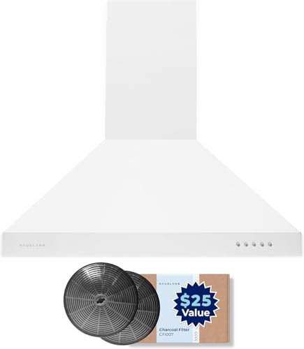 Hauslane Wall Mount Range Hood 30 Inch | Matte White Wall Chimney | 6” Duct/Ductless Convertible, Strong Suction, Six-layer Aluminum Filters, Changeable LED Lamps, Stove Kitchen Vent Hood