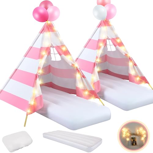 Lemosae 2 Pack Kids Teepee Tent with Mattress,Fitted Sheet,Light String,Washable Natural Cotton Toddler Play Tent for Girls Boys Indoor Outdoor Sleepover Slumber Birthday Party