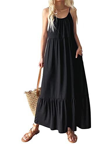 Mieazom Women's Maxi Dress Summer Sleeveless Swing Sundress Casual Loose Tank Long Dresses with Pockets