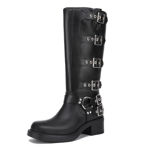 Athlefit Women's Knee High Riding Boots Fashion Buckle Square Toe Chunky Heel Wide Calf Biker Boots
