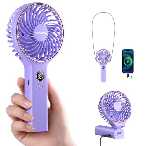 SWEETFULL Handheld Portable Fan, 5000mAh Rechargeable Battery, 6 Speed Wind, LED Digital Display, Foldable Electric Personal Mini Travel Fan with Backup Power, Summer Essentials Gifts for Women Girl