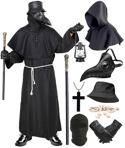 Pestdoktor Kostüm Herren Pestarzt Kostüm Karneval Mittelalter Steampunk Cosplay Pest Doktor Maske mit Mönchskutte Zepter Hut Handschuhe Plague Doctor Costume Outfit für Halloween Fasching Party 044L