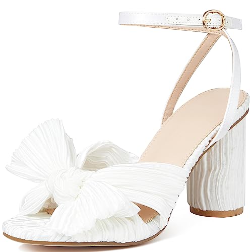 Lovee Cosee Women's Bow Knot Heeled Sandals Pleated Open Toe Ankle Strap Chunky Heels for Bride Wedding