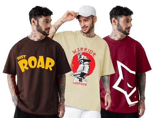 LEOTUDE Men's Oversized Half Sleeve Round Neck T-Shirt (PO3_FS49_BLESD_Soul_LOSNGLS_P_Beige, Maron_3XL)