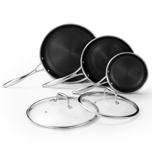DELUXE Hybrid Nonstick Fry Pan Set 5-Piece, 8, 10 and 12-Inch Frying Pan Cookware Set with Glass Lids, Skillet with Stay-Cool Handles, Dishwasher&Oven Safe, Compatible with All Cooktops