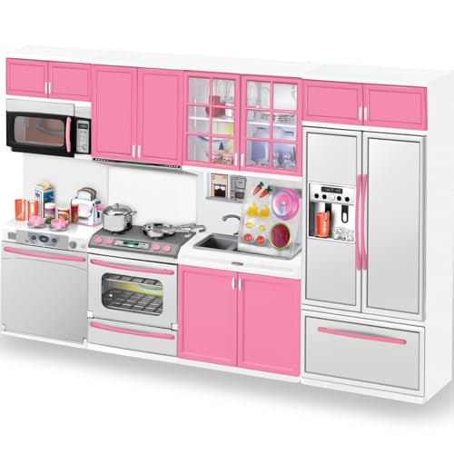 Doll Kitchen Playset for Kids, My Modern Mini Kitchen House Furniture Pretend Play Toy Accessories Set with Realistic Lights & Sounds for Toddlers, Girls