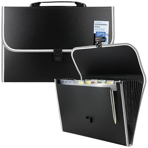 SPS 13 Pockets Expanding File Folder with Buckle Closure, Label Index and Handle for A4 Documents Black