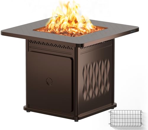 EAST OAK Propane Fire Pit Table, Gas FirePit for Outdoor, Outside Patio Deck and Garden, CSA Certified Fire Table with Magnetic Lid, Cover-Storage Basket and Lava Rock