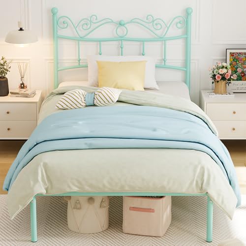 Merronix Queen Size Bed Frame with Headboard, Elegant Metal Queen Bed Frame for Girls, Modern Heavy Duty Gold Bed Frame Queen- No Box Spring Needed, 11.2 Inches Height Clearance