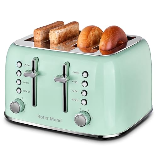 Roter Mond Toaster 4 Slice, Retro Stainless Steel Toaster with Extra Wide Slots Bagel, Defrost, Reheat Function, Dual Independent Control Panel, Removable Crumb Tray, 6 Browning Levels