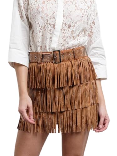 ChiyeeKiss Womens Sparkle Rhinestone Fringe Shorts Pants Elastic Band Skort Western Cowgirl Mini Skirt Built-in Short
