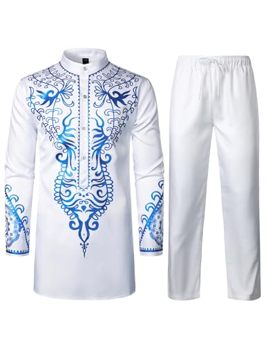 ZEROYAA Men's Africa Suit Long Sleeve Print Dashiki and Pants Outfit Traditional 2 Piece Set