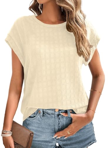 Dokotoo Womens Blouses Summer Casual Cap Short Sleeve Tops Basic Textured Solid Color Round Neck T Shirts Blouse