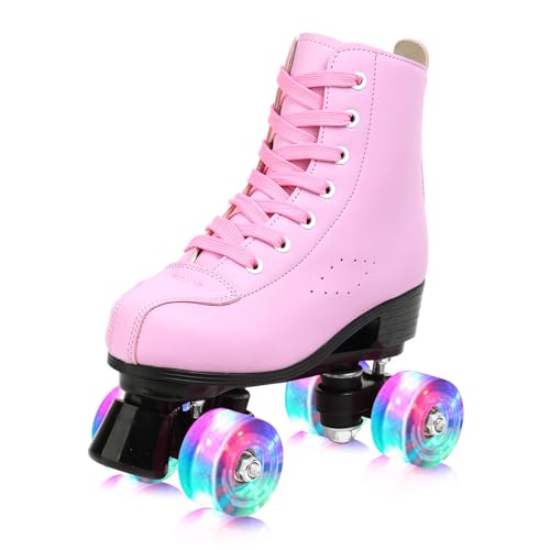MEIGLQEA Roller Skates for Girls and Women, Cozy PU Leather Gradient Color Skates with Flash Wheels, Indoor Outdoor Skates for Beginner