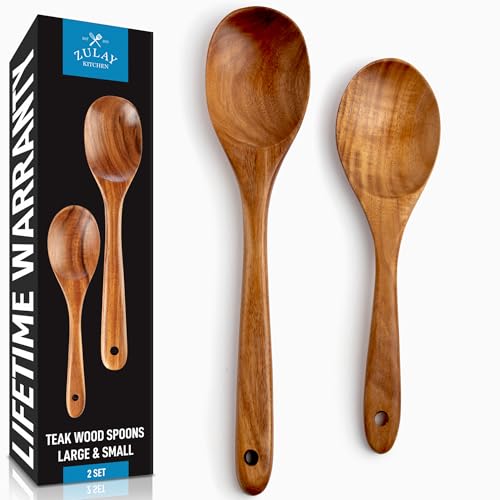 Zulay Kitchen Wooden Spoons - Smooth Finish Teak Wooden Utensils With Soft Grip - Non-Stick Cooking Set