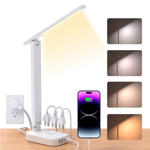 Power Strip with LED Desk Lamp, 3 Outlets 4 USB Ports(2 USBC) 4 Modes 5 Level Touch Lamp Small Desk Lamps for Home Office Bedroom Bedside, Study Reading Light, 5ft Extension Cord, Dorm Room Essentials
