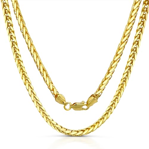JEWELHEART 14K Real Gold Chain For Men - 3.8mm Thick Diamond Cut Foxtail Link Spiga Wheat Chain Necklace - Yellow Gold Pendant Necklace For Women with Lobster Clasp 22"