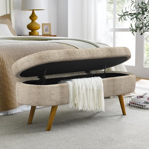 ECLYL Oval Storage Bench - 43.5" Linen Fabric Upholstered Entryway Bench with Solid Wood Legs Ottoman for Living Room/Bedroom/Entryway