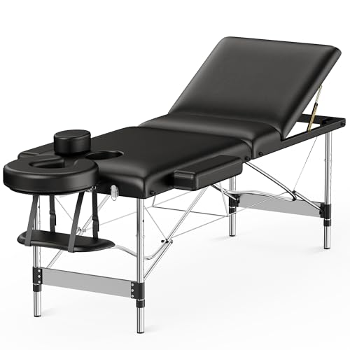 Brelley Massage Table Portable 84" Long 24" Wide Professional 3 Sections Reclining Massage Couch, Aluminum Adjustable Esthetician Bed Tattoo Table SPA Lash Salon Bed with Carrying Bag (Black)