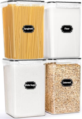HKJ Chef 4 Pack Large Airtight Food Storage Containers with Lids, BPA Free Plastic Kitchen and Pantry Organization Contianers for Cereal Flour and Sugar Storage - Labels & Marker