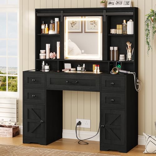 BTHFST Farmhouse Vanity Desk with Sliding Mirror and Lights, Large Makeup Vanity with Glass Top & Charging Station, Vanity Table with 5 Drawers & Shelves & Cabinets