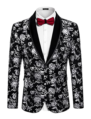 COOFANDY Men's Velvet Tuxedo Floral Blazer Jacket One Button Shawl Lapel Suit Jacket for Dinner Prom Party Wedding