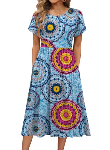 HOTOUCH Women's Summer Short Sleeve A-Line Midi Dresses Casual Floral T-Shirt Dress Flowy Beach Sundress with Pockets