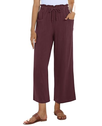 siliteelon Wide Leg Linen Pants for Women Summer Capri Palazzo Flowy Pants Casual Loose High Waist Trousers with Pockets