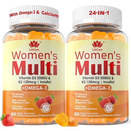 Womens Multivitamin Gummy with Omega 3（DHA/EPA), Vitamin D3 K2, Calcium, Inositol, Daily Womens Vitamin A C E B Complex, L-MethylFolate, Methyl B12,Sugar Free Methylated Multivitamins Minerals, 120Cts