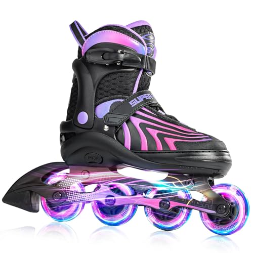 SUPER YOUNGSTER Girls Inline Skates for Boys Kids Ages 4-12, Adjustable Light Up Roller Skates for Youth Teens Ages 8-12, Beginner Blades for Women Adults