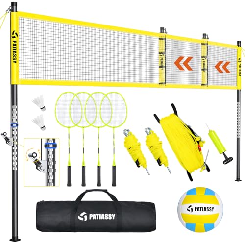 Volleyball Net and Badminton Set Combo, 32/26/20FT Height & Width Adjustable Outdoor Net System for Backyard & Beach with 4 Aluminum Rackets, 2 Shuttlecocks, PU Volleyball and Portable Carrying Bag