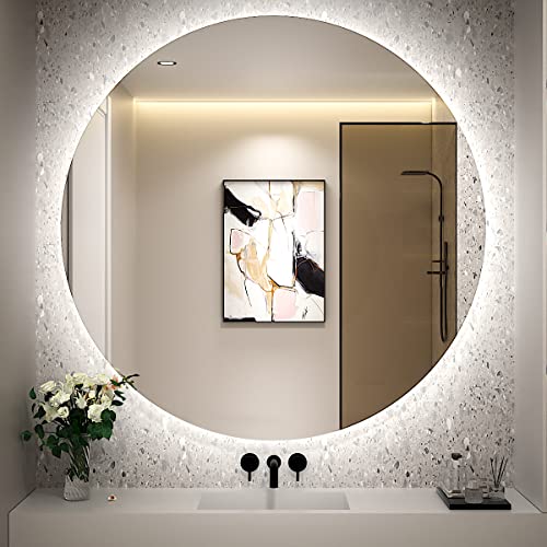 FTOTI LED Backlit Round Mirror for Vanity, 6000K Wall Mounted Mirror with Dimmable Lights, Anti-Fog, Touch Switch and CRI 90+