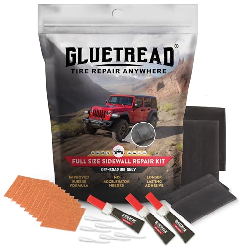GlueTread Full-Size 4x4 Sidewall Tire Repair Kit | Sidewall Tire Patch Kit Puncture Repair Kit for Off-Road 4x4 Vehicles | Improved Rubber Formula No Accelerator Needed 10 Minutes Curing Time