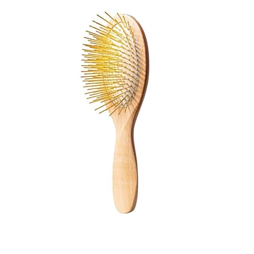 Snow Fox Skincare Gua Sha Hair Brush - Wooden Edition. Scalp Massage Comb with Gold-Plated Metal Bristles for Healthy Follicles. Soothing Gua Sha Acupressure Tool for All Hair Types