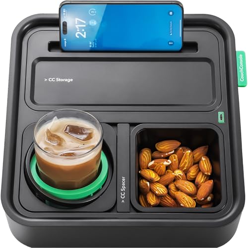 CouchConsole Original Cup Holder Tray - Drinks & Snacks Sofa Caddy with Armrest, Table with Phone Stand- TV Remote Control Storage and Organizer - for Living Rooms, RV, and Cars